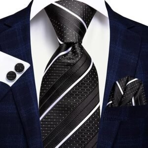 WaiRi1881 Silk Ties for Men Plaid Paisley Striped Necktie Pocket Square Cufflinks Set Formal Business（Black White）