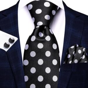 WaiRi1881 Silk Ties for Men Plaid Paisley Striped Necktie Pocket Square Cufflinks Set Formal Business（Black White Dots）