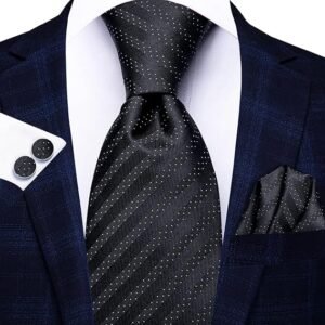 WaiRi1881 Silk Ties for Men Plaid Paisley Striped Necktie Pocket Square Cufflinks Set Formal Business（Black White Stripe Dot）