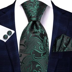 WaiRi1881 Silk Ties for Men Plaid Paisley Striped Necktie Pocket Square Cufflinks Set Formal Business（B Black Green）