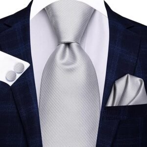 WaiRi1881 Silk Ties for Men Plaid Paisley Striped Necktie Pocket Square Cufflinks Set Formal Business（B Light Grey）