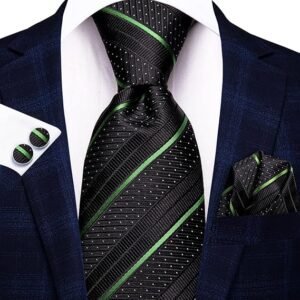 WaiRi1881 Silk Ties for Men Plaid Paisley Striped Necktie Pocket Square Cufflinks Set Formal Business（Black Green）