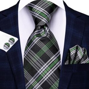 WaiRi1881 Silk Ties for Men Plaid Paisley Striped Necktie Pocket Square Cufflinks Set Formal Business（Black Green Plaid）