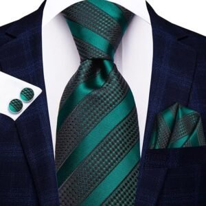 WaiRi1881 Silk Ties for Men Plaid Paisley Striped Necktie Pocket Square Cufflinks Set Formal Business（Black Green Stripe）