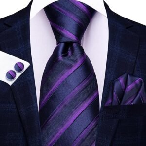 WaiRi1881 Silk Ties for Men Plaid Paisley Striped Necktie Pocket Square Cufflinks Set Formal Business（Black Purple Striped）