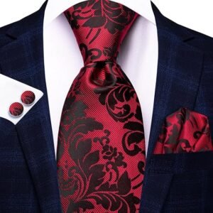 WaiRi1881 Silk Ties for Men Plaid Paisley Striped Necktie Pocket Square Cufflinks Set Formal Business（Black Red Floral）