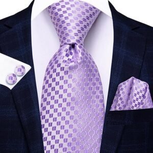 WaiRi1881 Silk Ties for Men Plaid Paisley Striped Necktie Pocket Square Cufflinks Set Formal Business（A-light Purple）