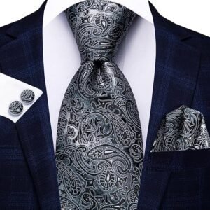 WaiRi1881 Silk Ties for Men Plaid Paisley Striped Necktie Pocket Square Cufflinks Set Formal Business（A Black）