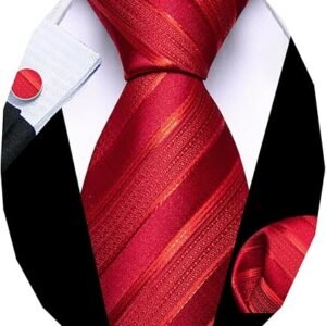 Barry.Wang Tie Sets for Men Silk Stripe Necktie Woven Checkered Handkerchief Cufflinks Formal Business Wedding