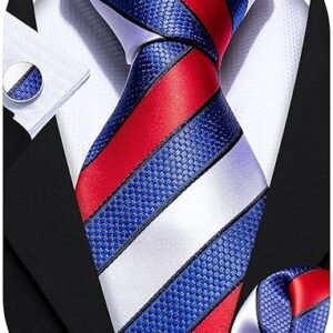Tie Sets for Men Silk Stripe Necktie Woven Checkered Handkerchief Cufflinks Formal Business Wedding