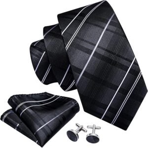 Tie Sets for Men Silk Stripe Necktie Woven Checkered Handkerchief Cufflinks Formal Business Wedding